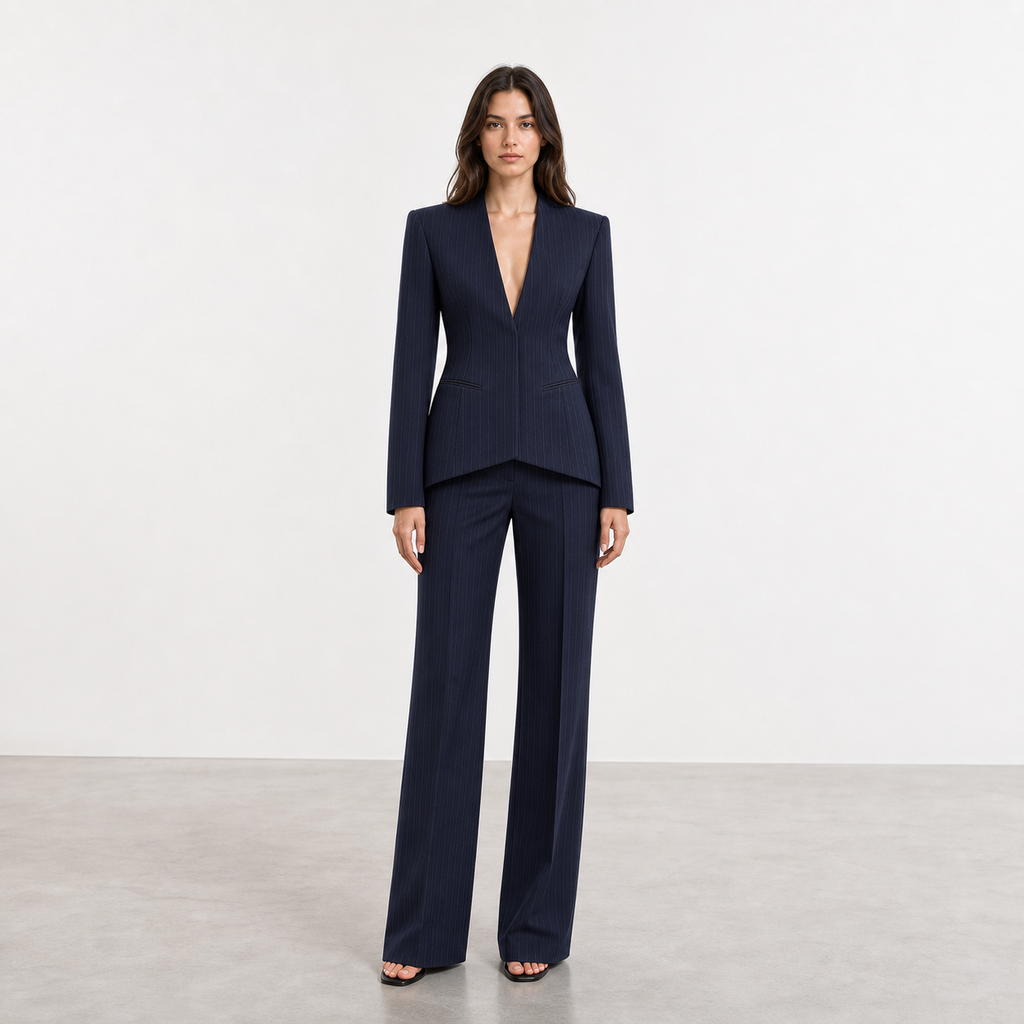 Oversize  Shoulder Tailored Blazer in Navy Pinstripe