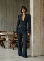 Oversize  Shoulder Tailored Blazer in Navy Pinstripe