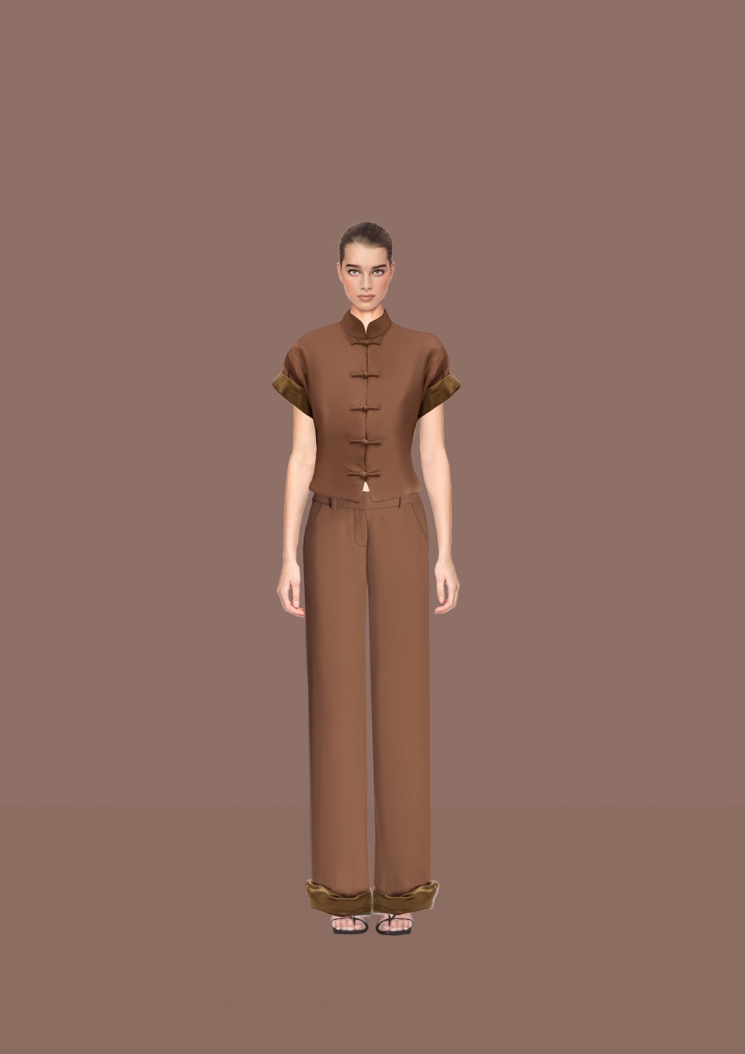 short Sleeve Linen Frog Buttoned Top