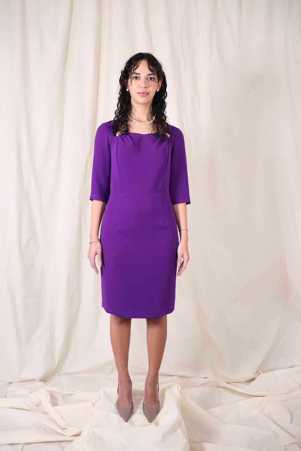 Draped square neckline Midi Dress in retro purple