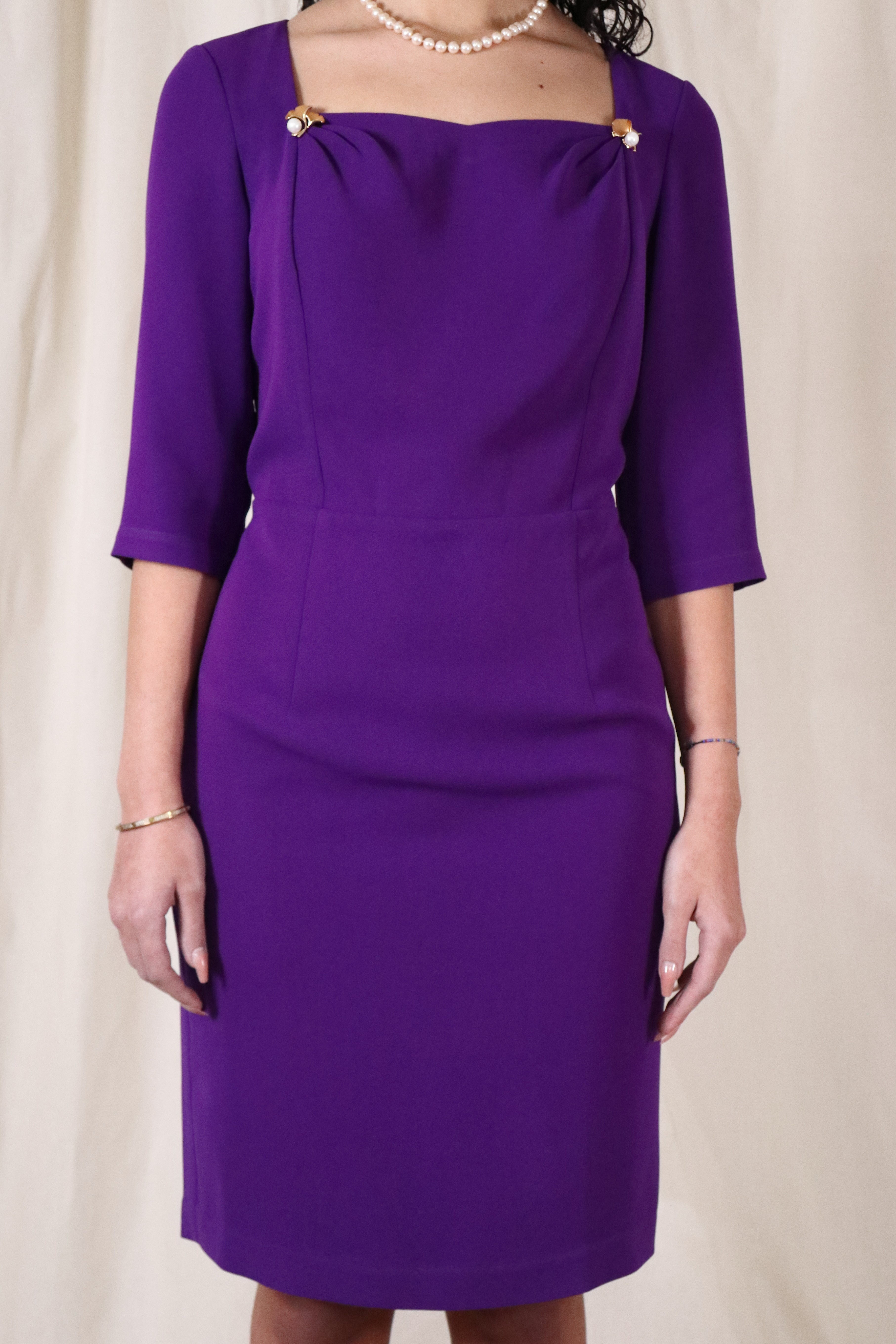 Draped square neckline Midi Dress in retro purple