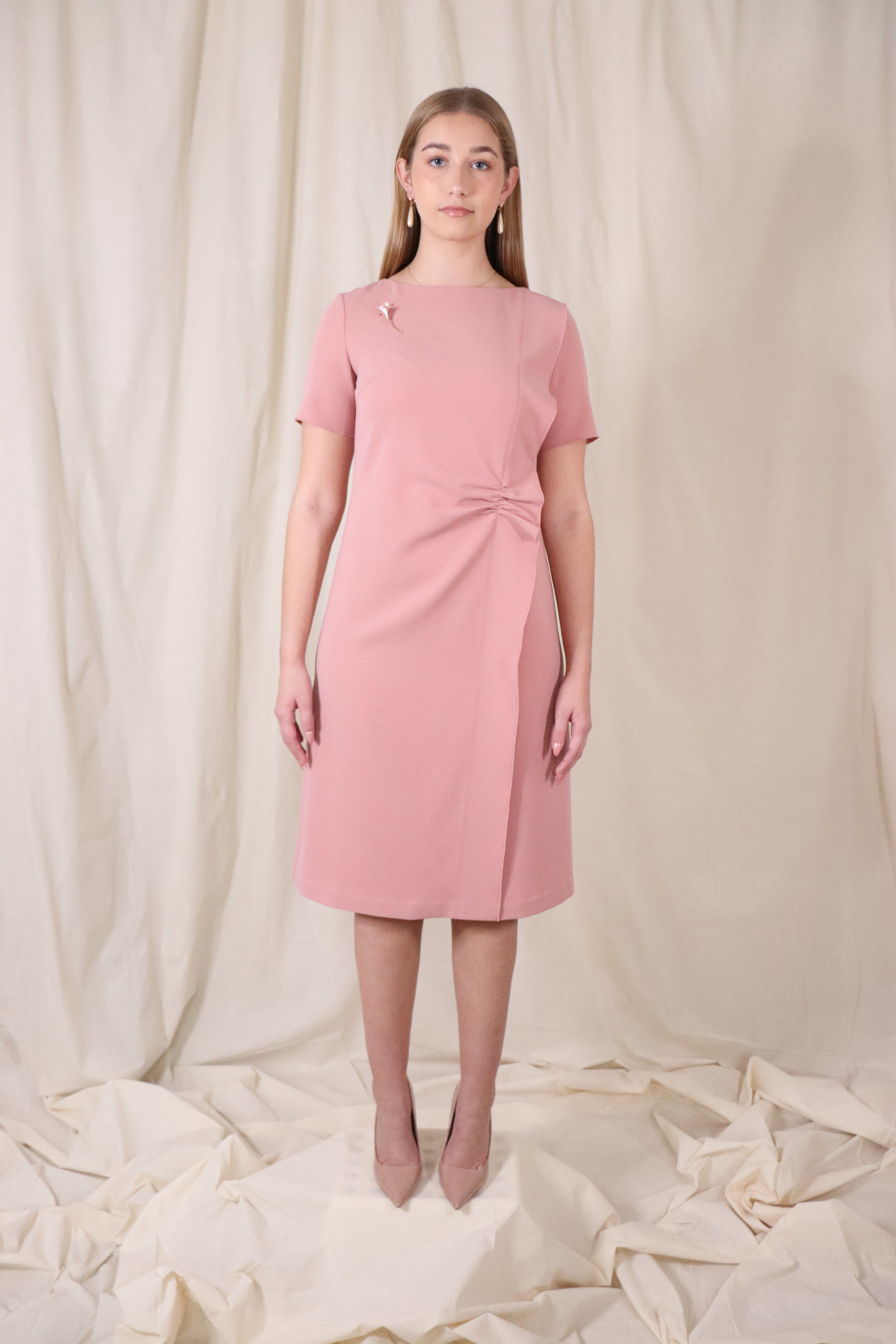 Ruffled front detailed dress in dusty rose