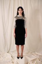 Satin-Paneled Velvet Mid-Sleeve Dress