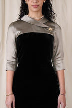 Satin-Paneled Velvet Mid-Sleeve Dress