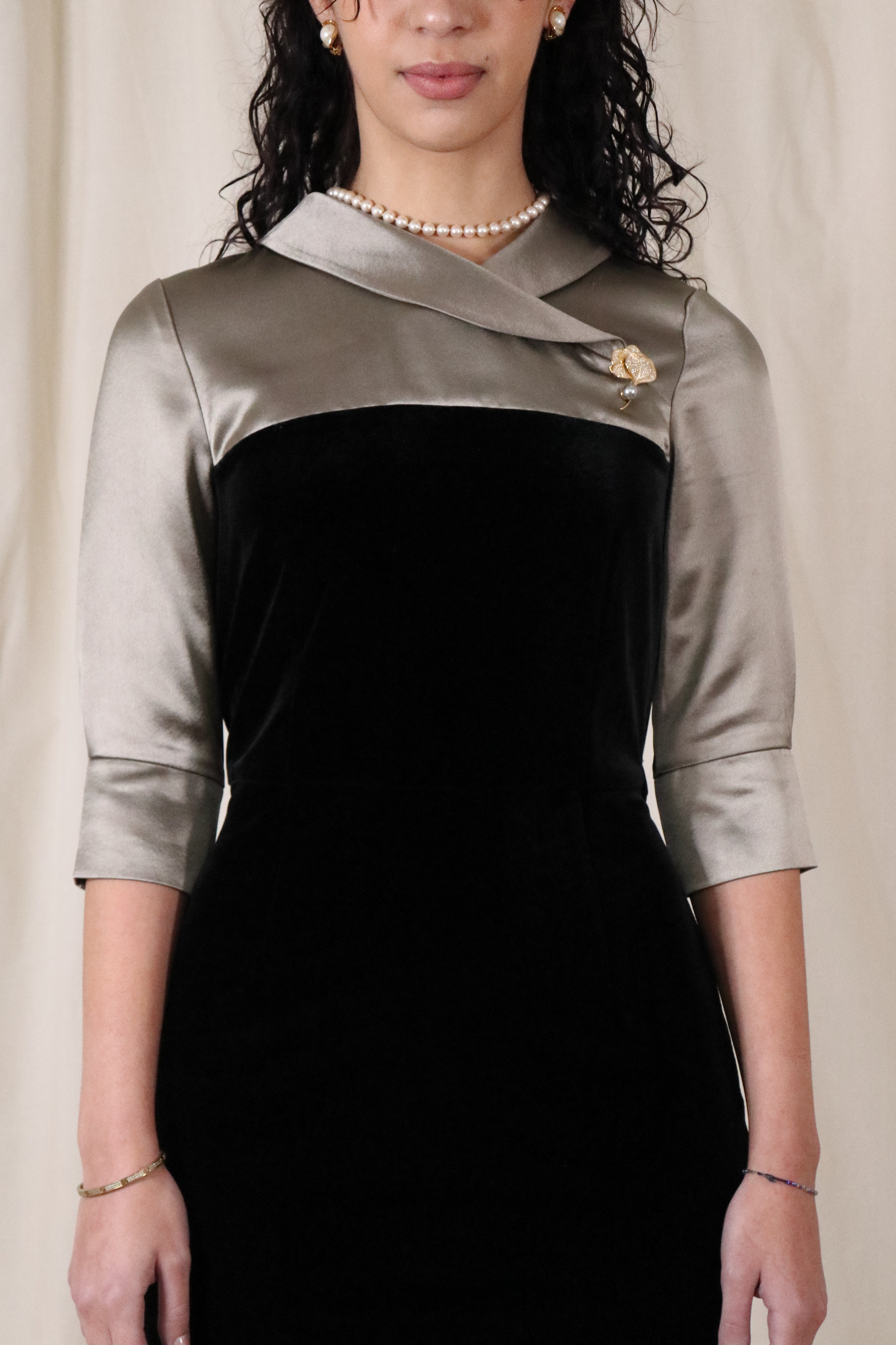 Satin-Paneled Velvet Mid-Sleeve Dress