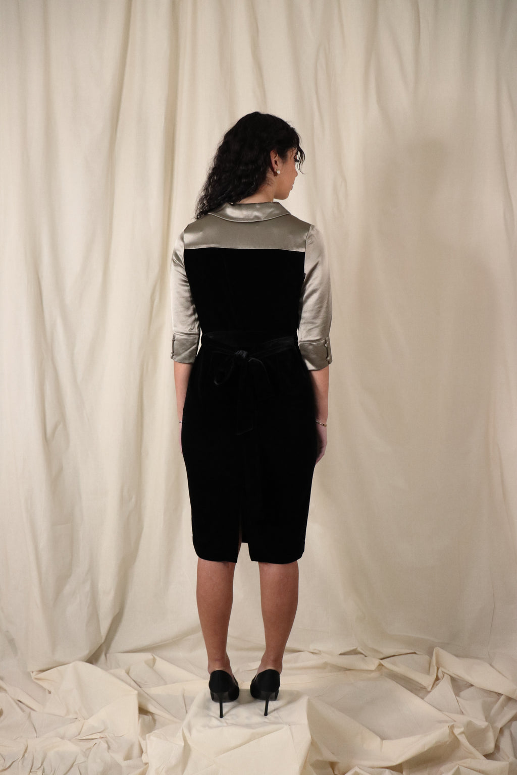 Satin-Paneled Velvet Mid-Sleeve Dress