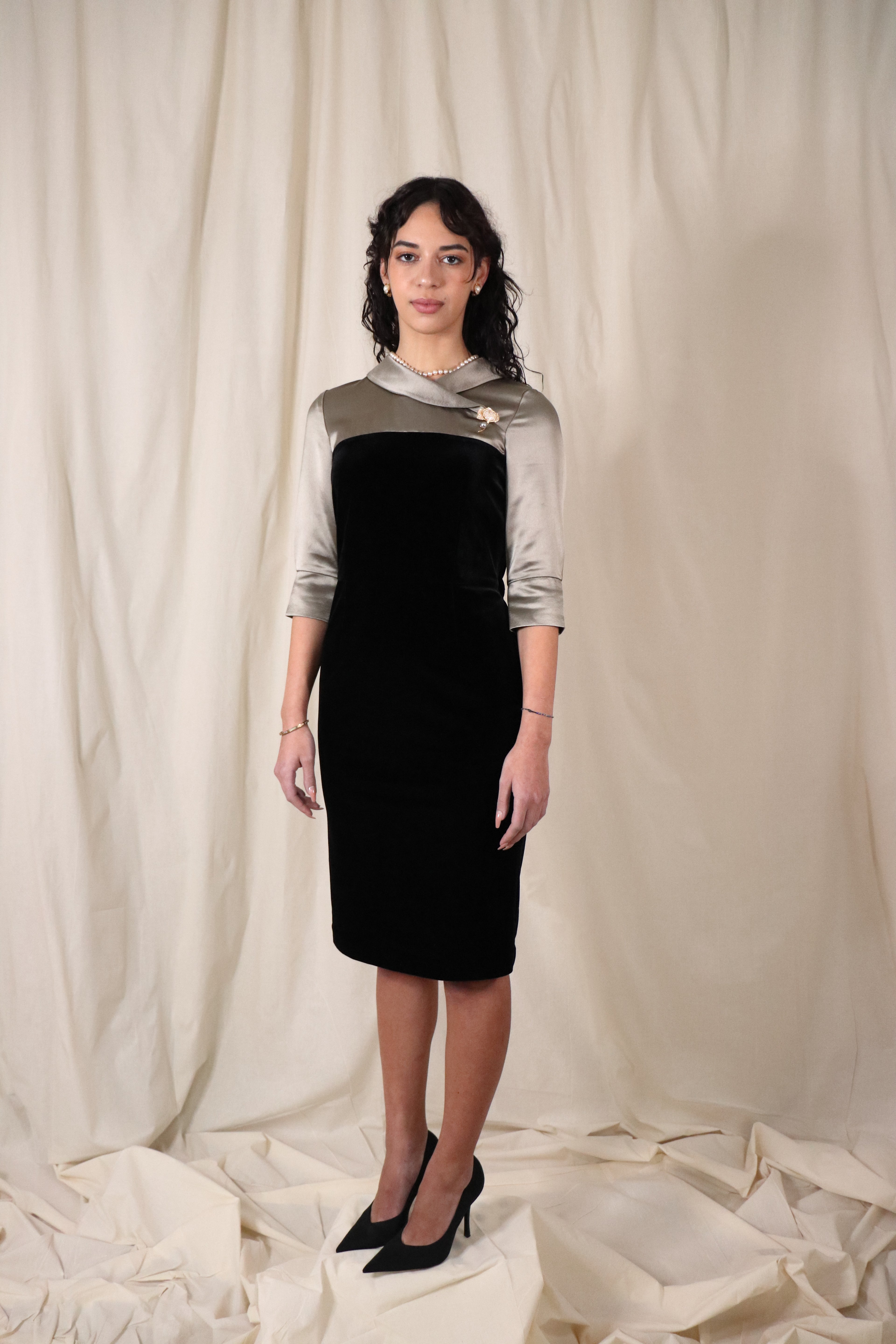 Satin-Paneled Velvet Mid-Sleeve Dress