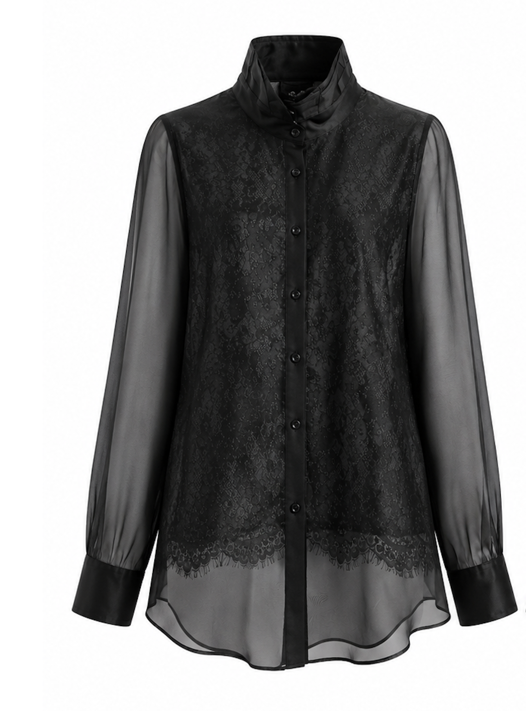 Stand Collar Lace Organza Layered Blouse