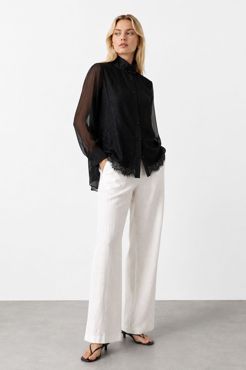 Stand Collar Lace Organza Layered Blouse