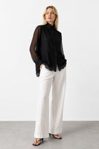 Stand Collar Lace Organza Layered Blouse