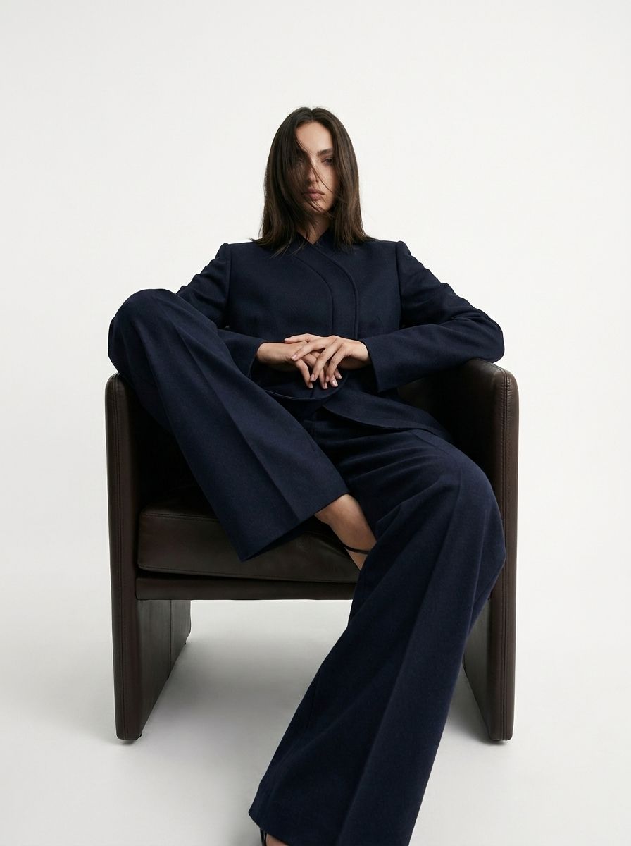Blazer de costume drapé en laine marine